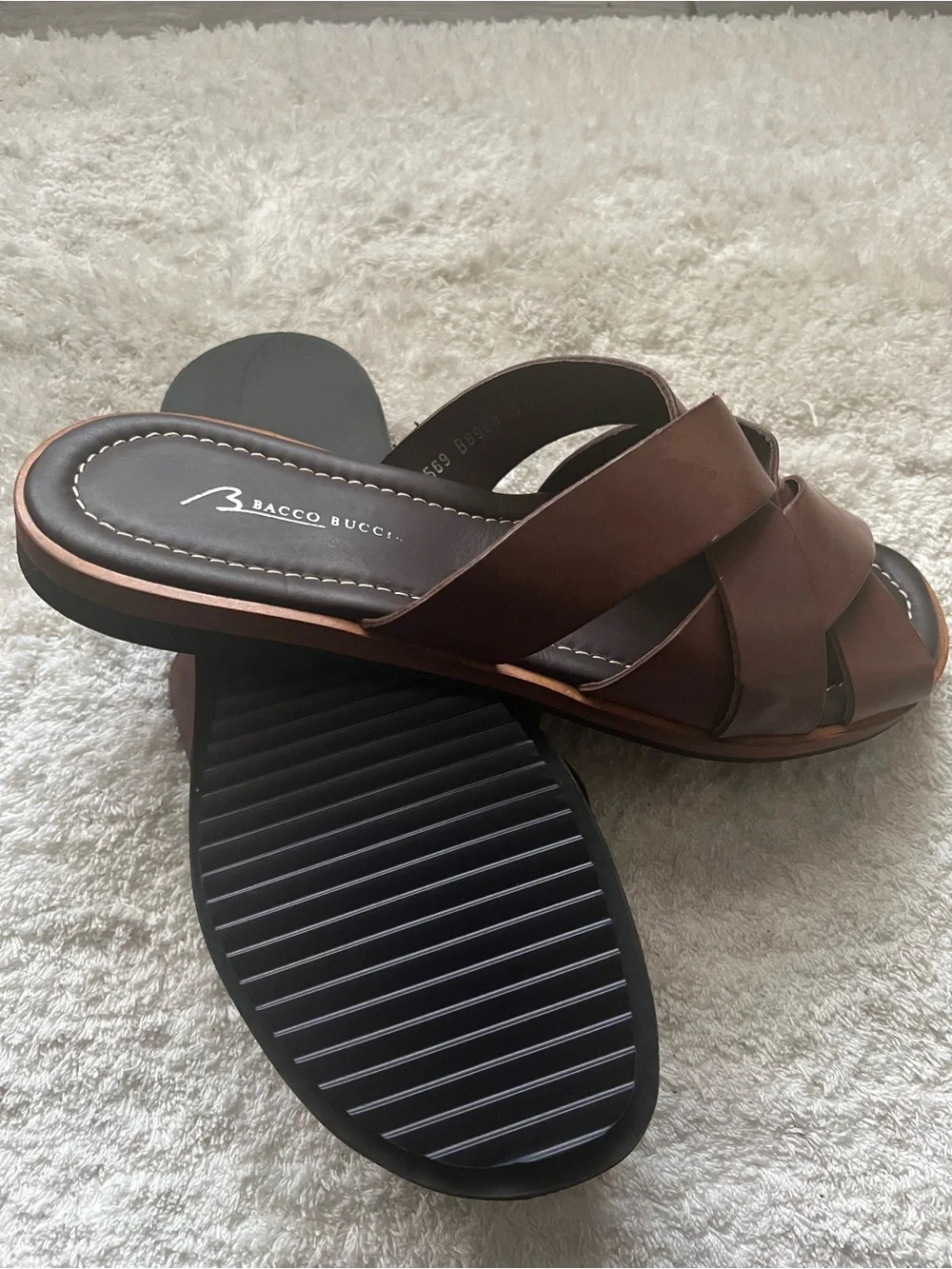 Bacco Bucci Brown Leather Crisscross Slide Mules